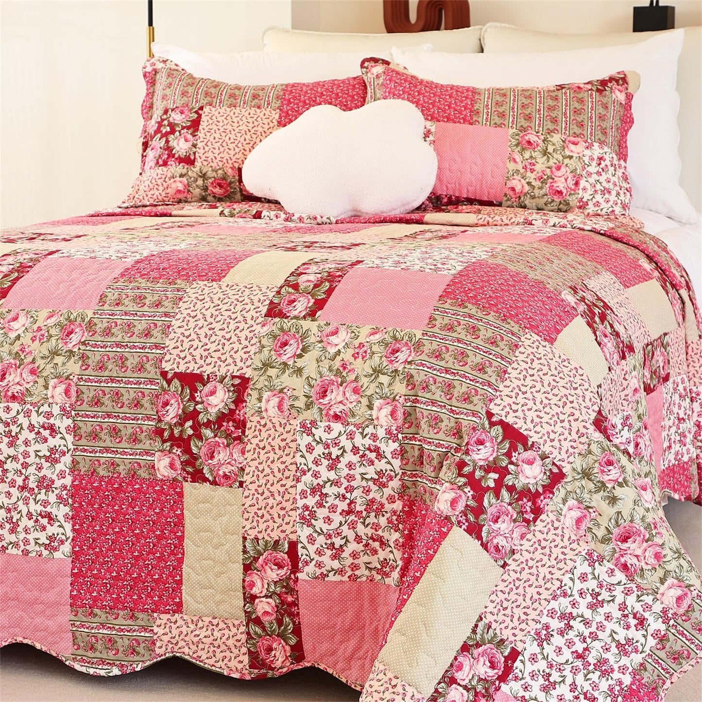 Cmfshape Summer Floral California King Bedspread,Romantic Pink Quilt Set King,Reversible Stitched Bedding Set All Season,Soft Lightweight Coverlet with Pillow Cases (Hot Pink&Rose, King106 x96)