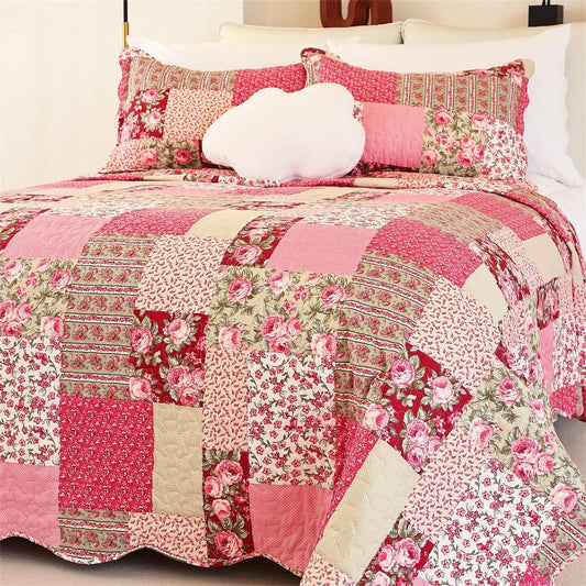 Cmfshape Summer Floral California King Bedspread,Romantic Pink Quilt Set King,Reversible Stitched Bedding Set All Season,Soft Lightweight Coverlet with Pillow Cases (Hot Pink&Rose, King106 x96)