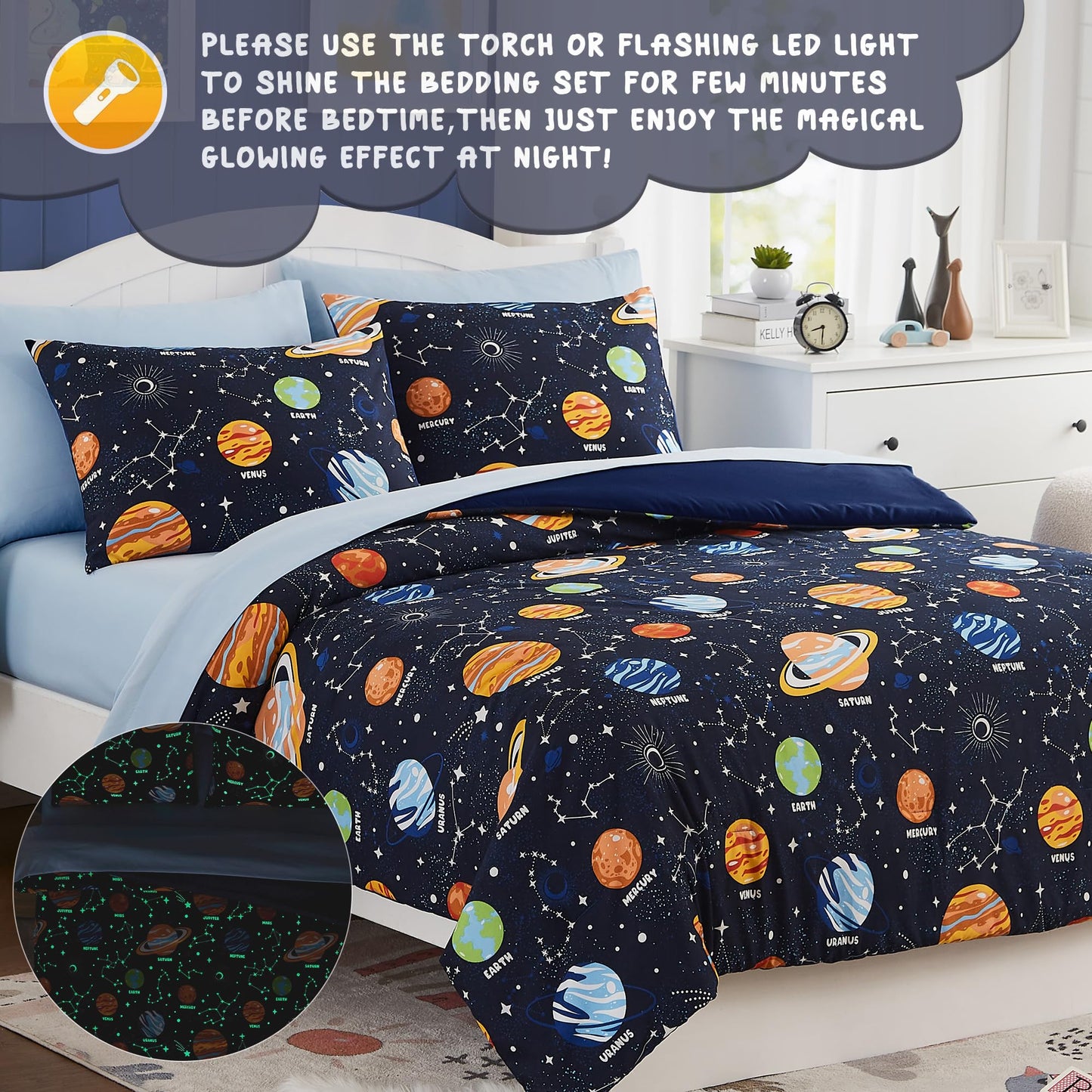 Twin Kids Comforter Set - 5 Pieces Twin Bedding Sets for Boys, Glow in The Dark Space Bed in A Bag with Sheets