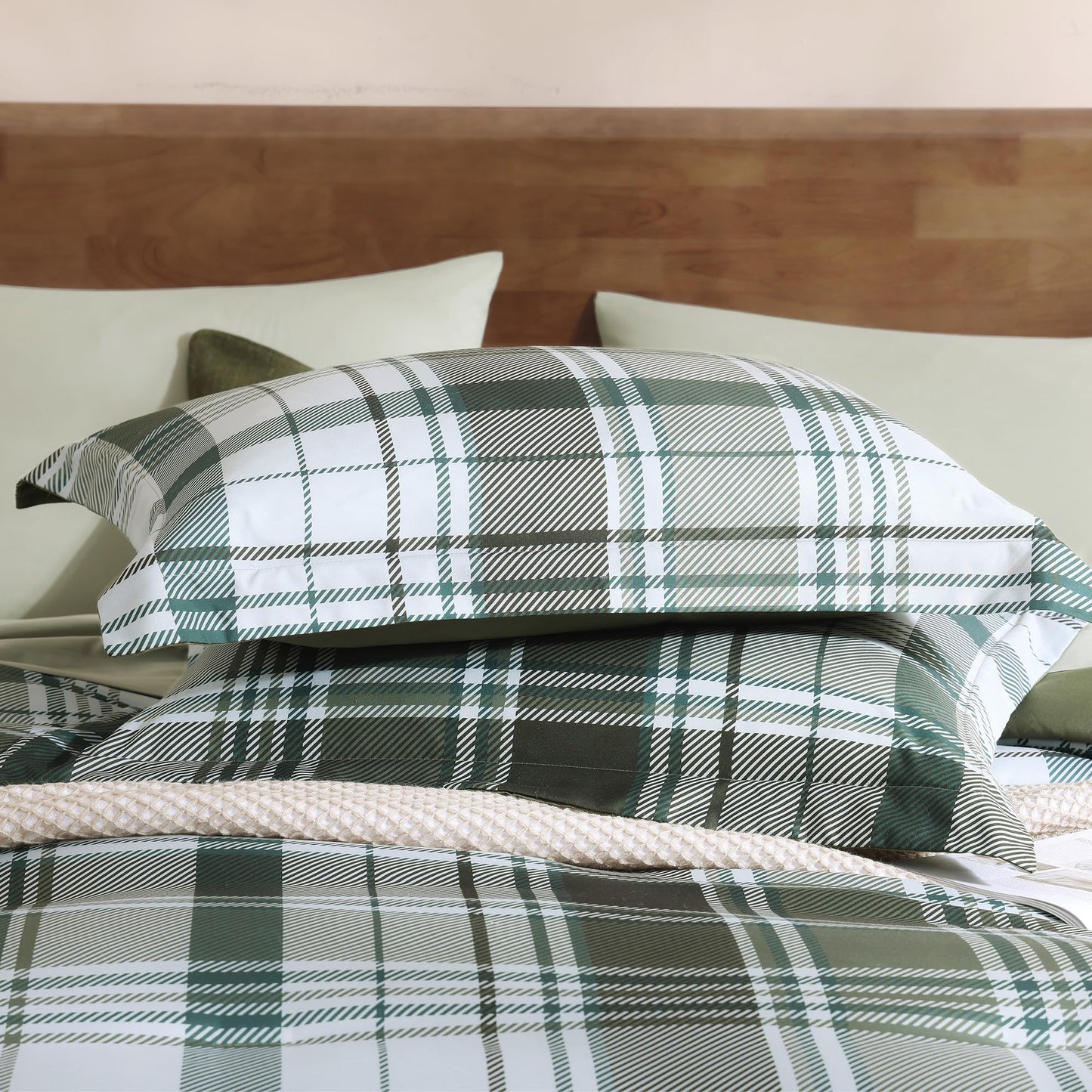 MaiRêve Plaid Queen Comforter Sets Olive Green, Classic Farmhouse Bedding Set Bed in a Bag 7 Pieces, Lightweight All Season Comforter Set with Fitted & Flat Sheet, Pillowcases & Shams