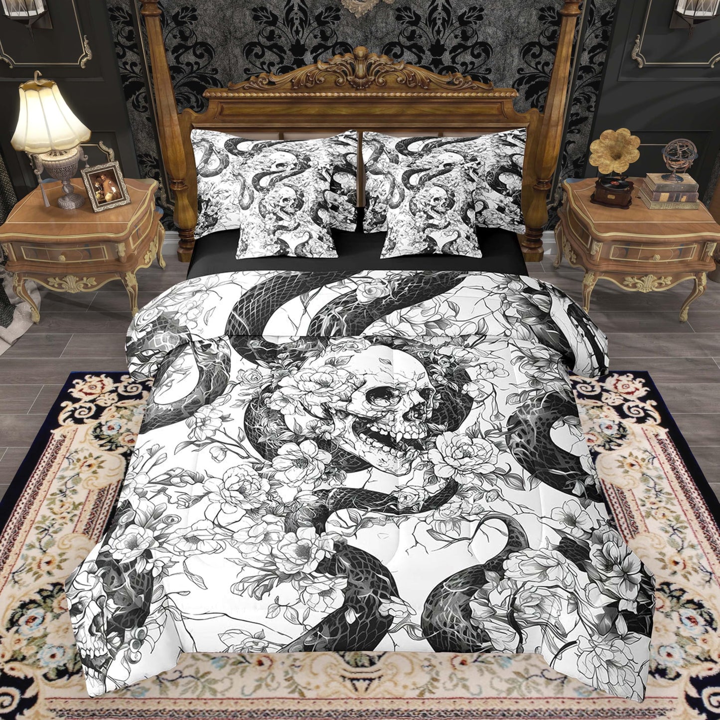 jejeloiu Kids Sugar Skull Comforter Set 7 Pieces Full Size Snake Boho Rose Bedding Set for Boys Girls Gothic Art Bed in a Bag with Comforter, Sheets, Pillowcases & Cushion Covers