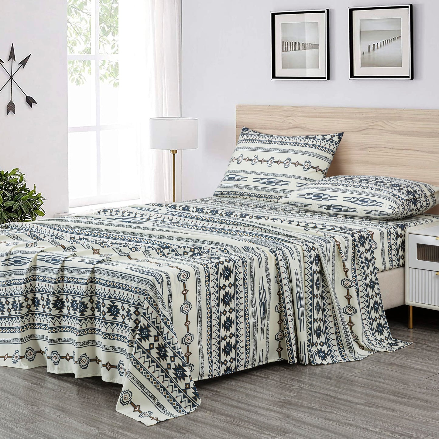 Chezmoi Collection 4-Piece Southwestern Tribal Lodge Bed Sheet Set, Queen Size - Ivory Navy Brown Red Printed Microfiber Soft Breathable Deep Pocket Sheets and Pillowcases Set