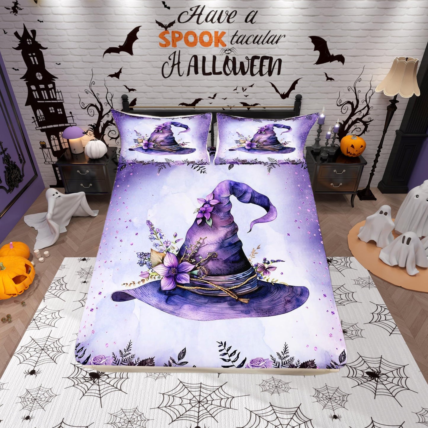 Romantic Purple Fitted Sheet Queen Size,Kids Party Halloween Theme Soft Bed Cover(1 Fitted Sheet+1 Pillow Case),Cartoon Hat Flowers Breathable Mattress Cover
