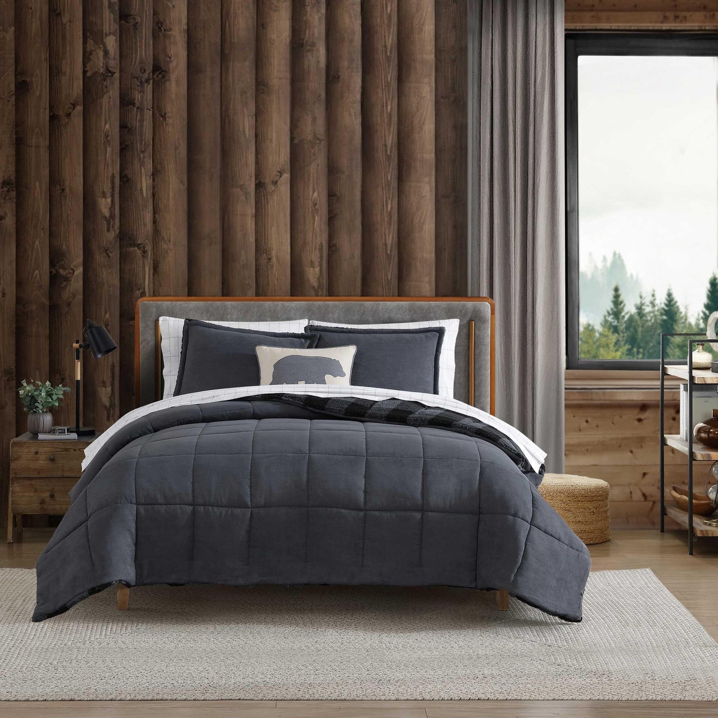 Eddie Bauer - Queen Comforter Set, Microsuede Bedding with Soft Plush Faux Shearling Reverse, 3 Piece Bed Set with Matching Pillowcases (Cabin Plaid Grey)