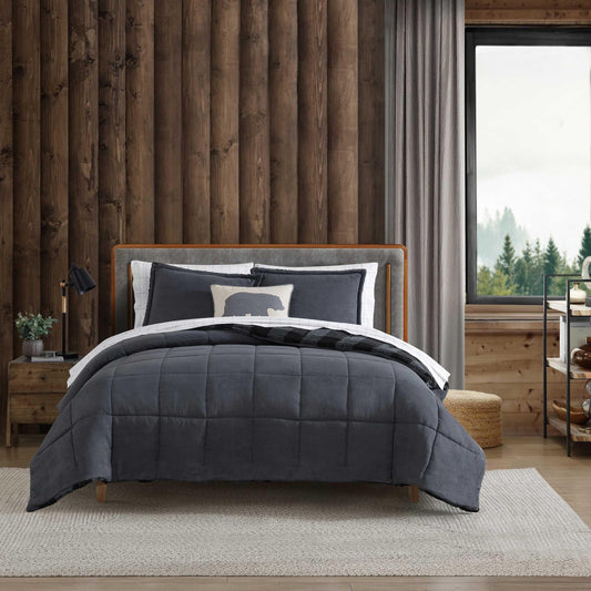 Eddie Bauer - Queen Comforter Set, Microsuede Bedding with Soft Plush Faux Shearling Reverse, 3 Piece Bed Set with Matching Pillowcases (Cabin Plaid Grey)