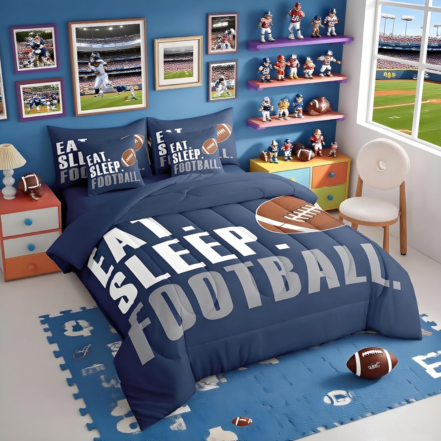 Feelyou Boys Football Comforter Set 7 Pieces Twin Size American Sports Bedding Set for Kids Adults Navy Blue Rugby Bed in a Bag Ball Games Room Decor Football Player Gift