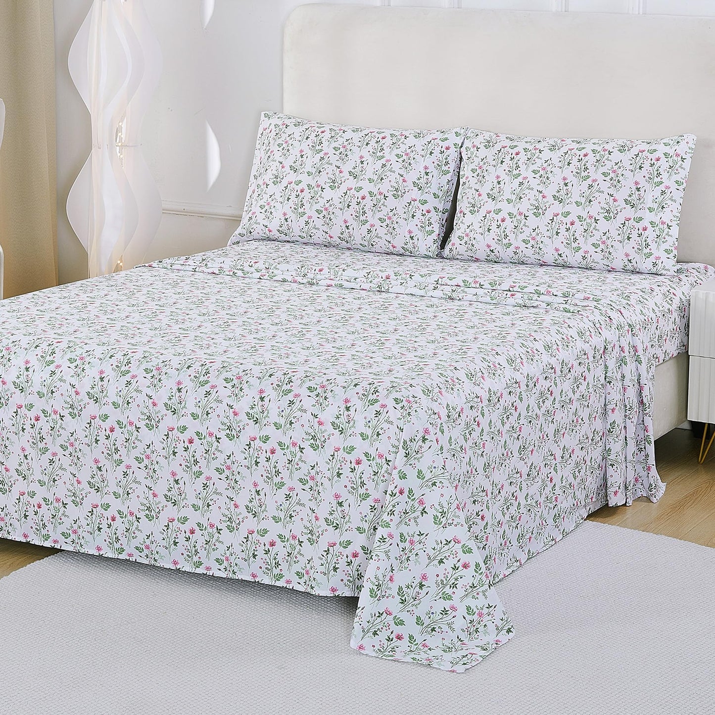 Softan Vintage Floral Full Bed Sheets, Cozy Microfiber Flower Printed Sheets with 15" Deep Pocket Fitted Sheet & Non-Slip Straps, Patterned Botanical Wildflower Sheets & Pillowcase Set