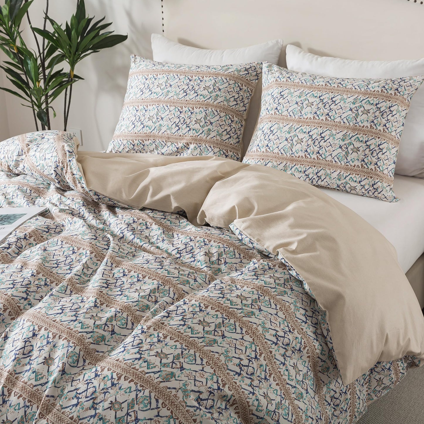 HoneiLife Retro Duvet Cover Queen - 100% Cotton Comforter Cover, All Season Bed Linen Sets for Queen Bed