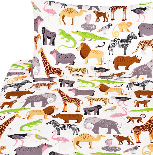 J-pinno Jungle Animals Leopard Ostrich Crocodile Snake Twin Sheet Set Kids Boys Bedroom Decoration Gift, 100% Cotton, Flat Sheet + Fitted Sheet + Pillowcase Bedding Set (15, Twin)