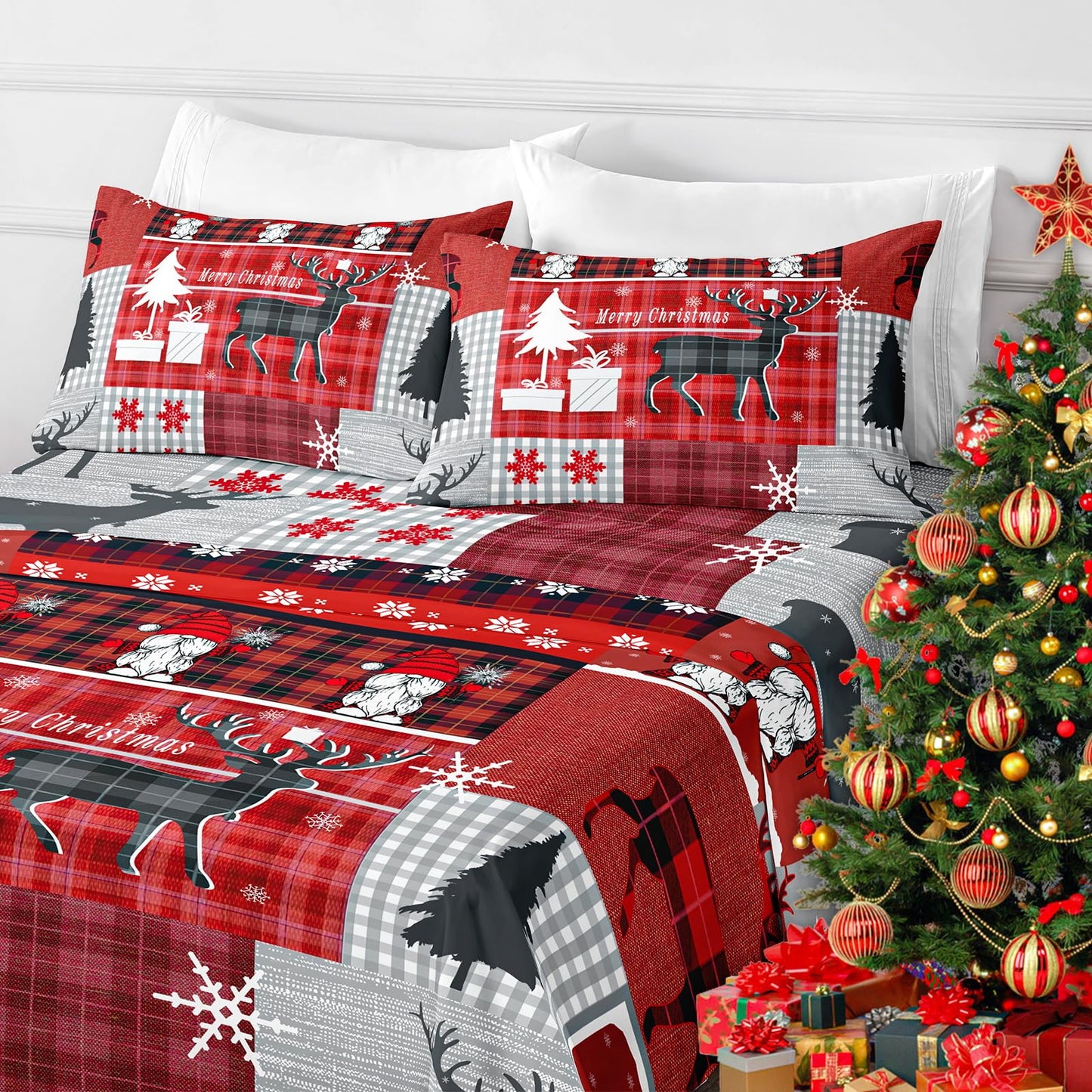 HCORA Christmas King Size Sheets Set, Luxury 1800TC Hotel Quality Double Brushed Microfiber Deep Pocket Bed Sheets, Ultra Soft, Breathable, 4PC, King