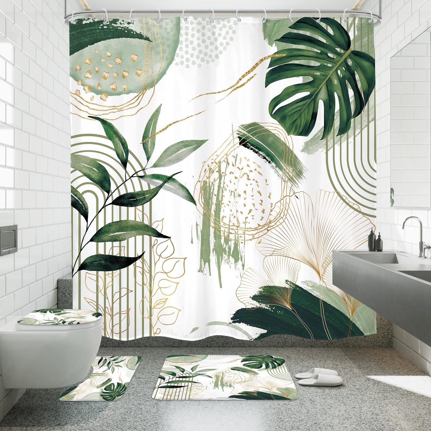 Green Shower Curtain with Rugs Boho Sage Modern Tropical Leaf Bathroom Sets