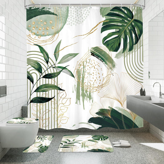 Green Shower Curtain with Rugs Boho Sage Modern Tropical Leaf Bathroom Sets