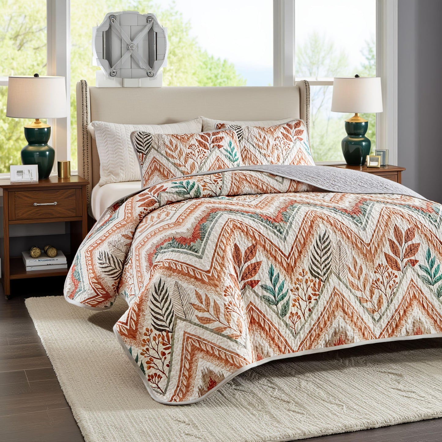 Boho Quilts Queen Size Bedding Set Orange 3 Pieces Farmhouse Leaf Botanical Summer Bedspreads with 2 Shams Soft Reversible Lightweight Breathable Coverlet Set for All Season (Orange Leaf, Queen)