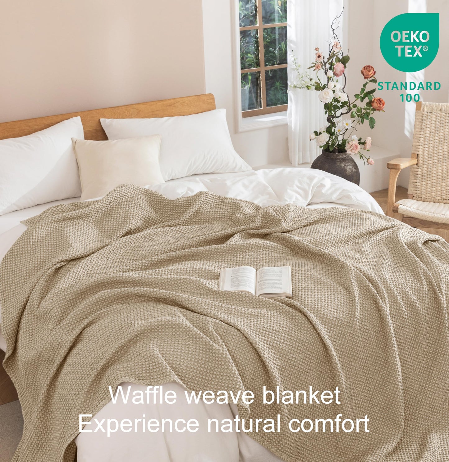 Talasily 100% Cotton Blanket Queen Size for Bed - Spring and Summer Cooling Lightweight & Breathable Bedding -Soft Waffle Weave Christmas Blanket, Machine Washable,Oatmeal,90x90 Inches
