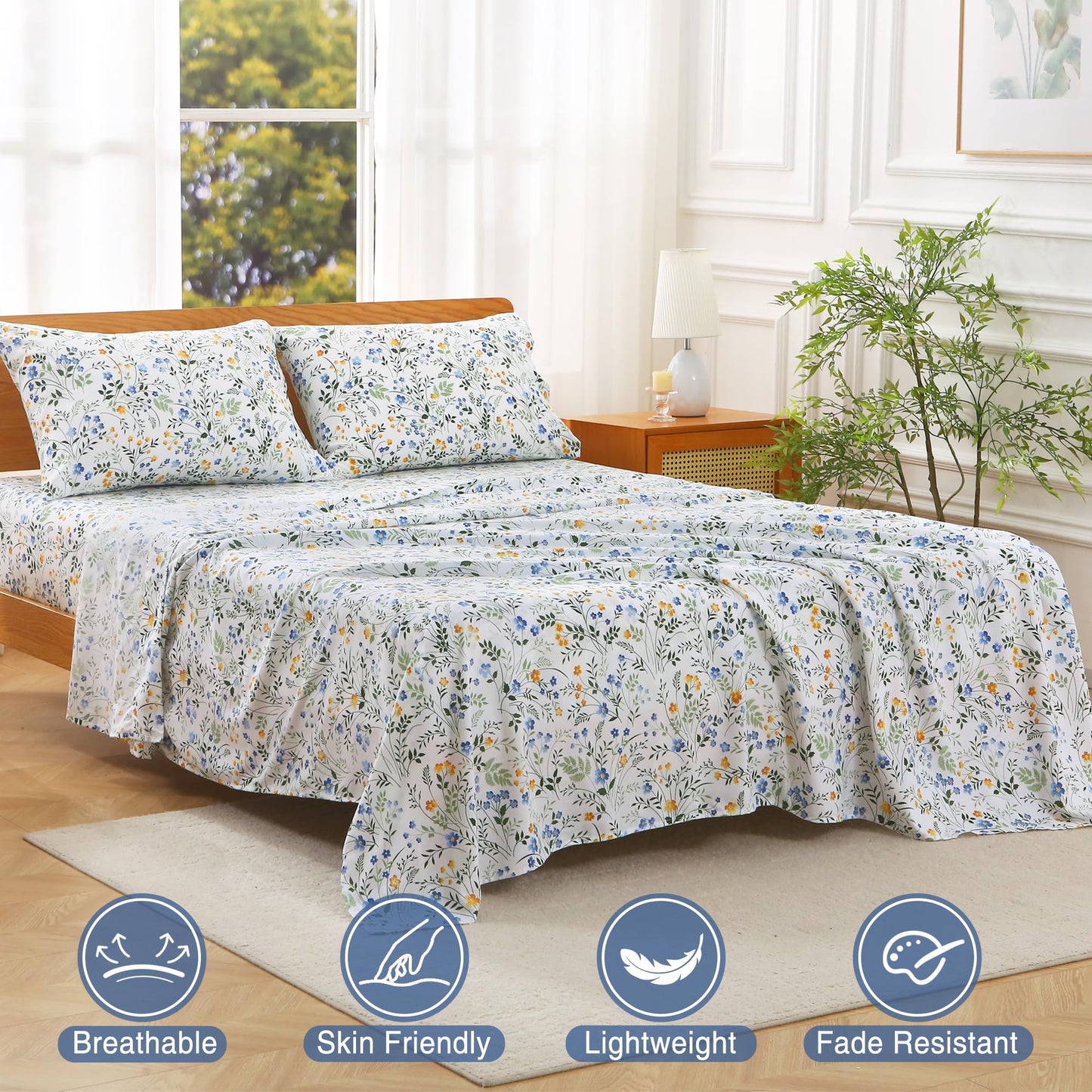 Viviland Queen Bed Sheet Set - 4 Piece Double Brushed Microfiber Bedding - Deep Pocket Up to 15", Ultra Soft, Breathable & Wrinkle Resistant Skin-Friendly Cooling Sheets for Adult - Sunlit Field(Q)