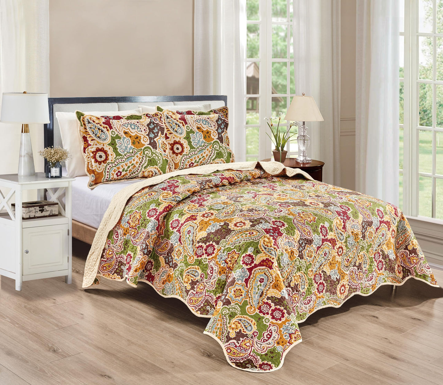 Grand Linen 3-Piece Queen Size Wave Edged Oversized Quilt Set 100 inch X 106 inch All Seasons XL Bedspread, Pillow Shams Lightweight Soft Coverlet Red Brown Sage Green Colors Bed Cover Paisley Pattern