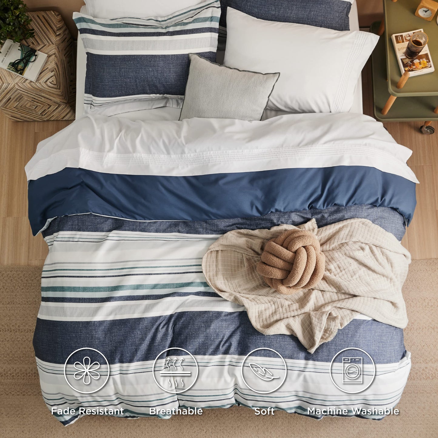 Bedsure Duvet Cover King Size - Reversible Striped Duvet Cover Set with Zipper Closure, 3 Pieces Blue Bedding Set with 8 Corner Ties and 2 Pillow Shams 20"x36"