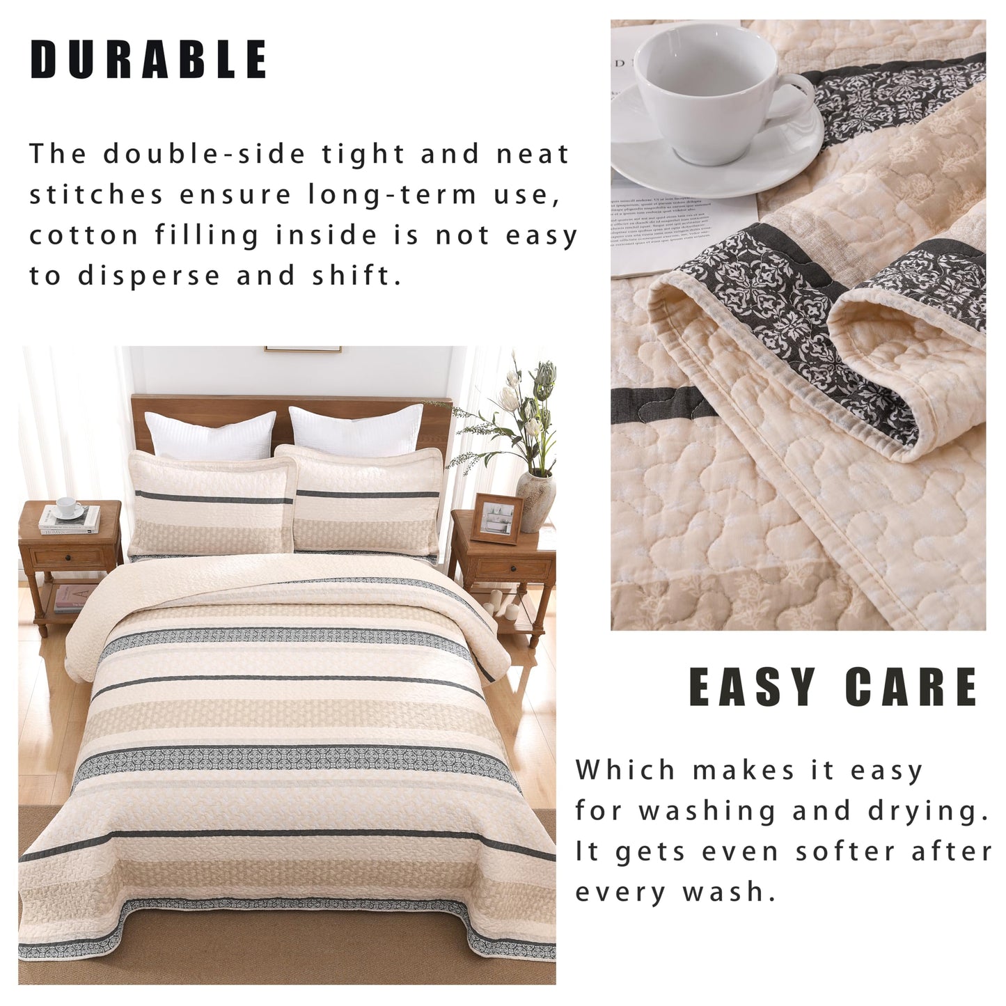 Homzard King Size Comforter Set, Cotton Quilt, Beige and Grey Bedding Set,Lightweight Striped Bedspread, Reversible Coverlet King Size (106"X98") with 2 Pillow Shams All Season