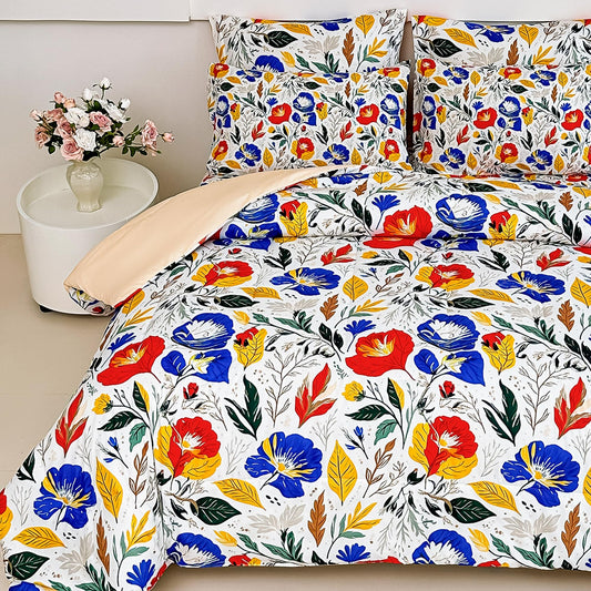 lasoftan Floral Queen Comforter Set with Sheets, 7 piece Luxury Vintage Bedding, Soft Microfiber Bed in a Bag, Cozy Lightweight Bed Set, Blue Orange Flower