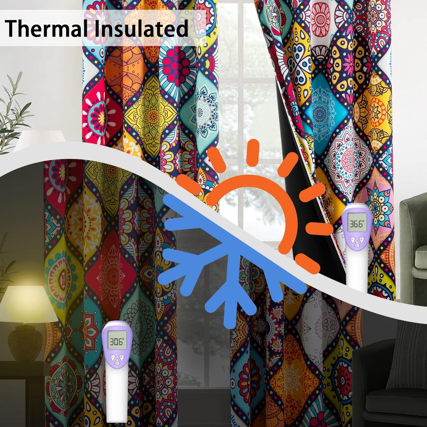 Tyrot Bohemian 100% Blackout Curtains for Bedroom 84 inch Length 2 Panels Set Boho Colorful Mandala Thermal Insulated Room Darkening Window Drapes Patterned Black Out Curtains for Living Room, 52Wx84L