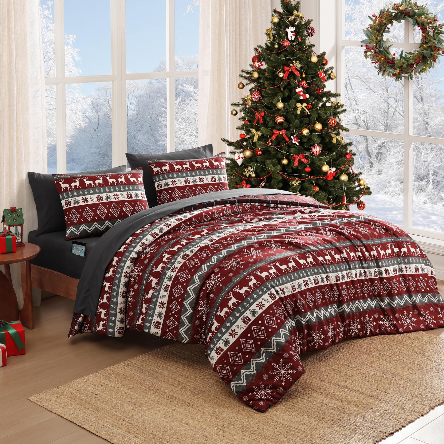 MaiRêve Christmas Queen Comforter Set, Red Reindeer Snowflake Bed Set for Holiday, Reversible Plaid Checkered Comforter Bed in a Bag, Soft Bedding Set 7 Pieces with Sheets, Pillowcases & Shams