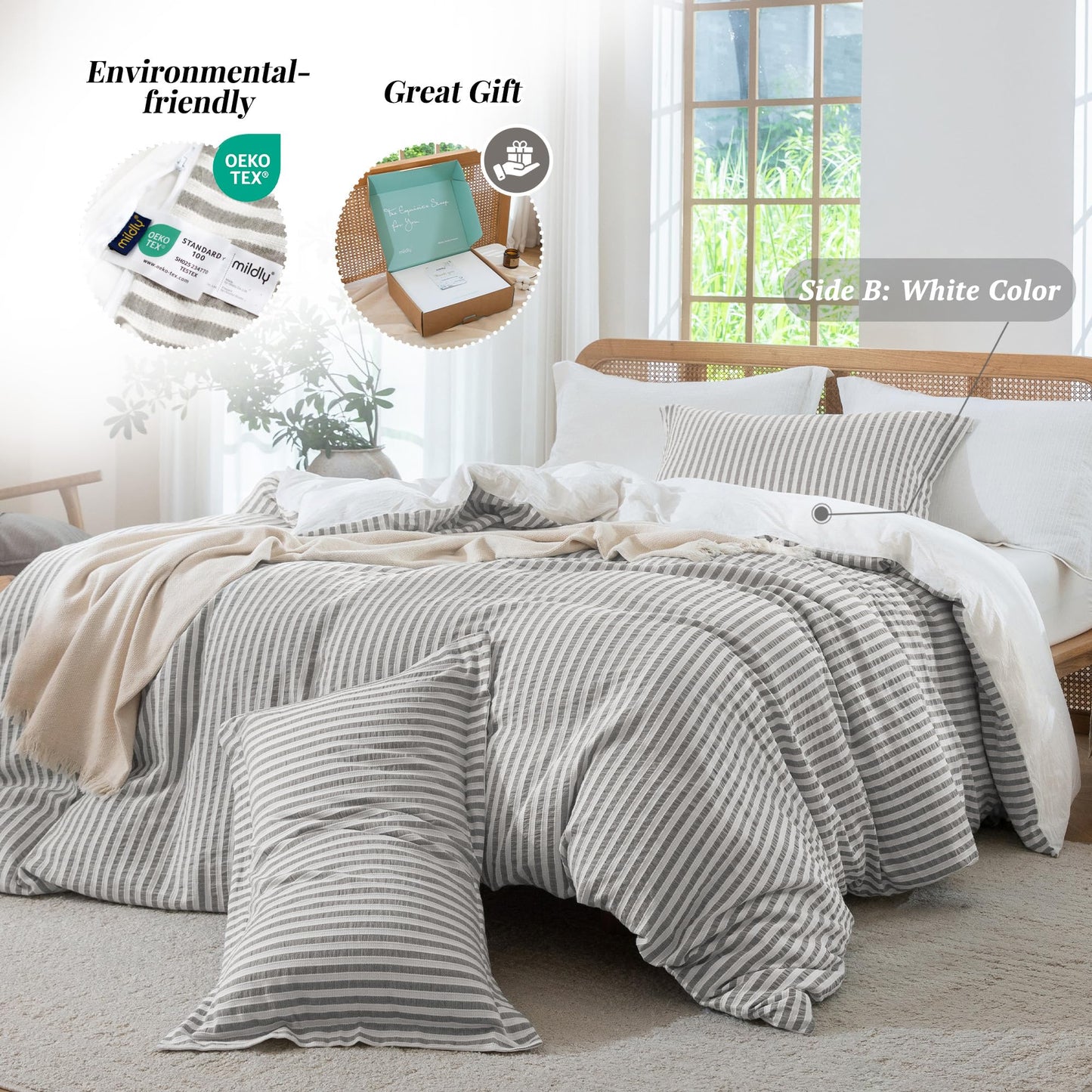MILDLY Striped Duvet Cover - 100% Washed Cotton Textured Comforter Cover Set 3pcs with Dual Zipper Closure & 8 Corner Ties Soft & Lightweight for All Season 90"x90"