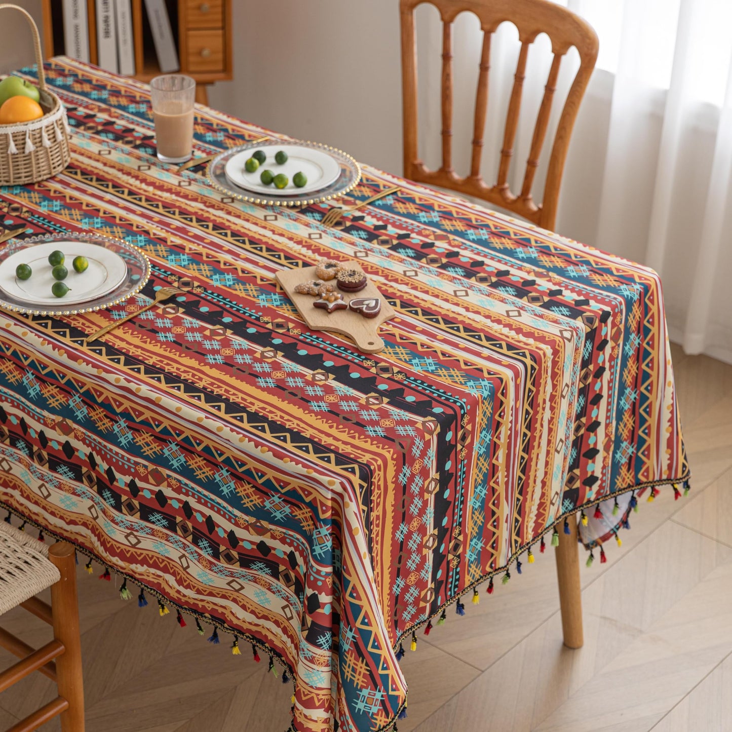Erbnaryx Handblock Print Tablecloth for Square Tables, Red Table Cover with Fringed Edges, Decorative Tablecloth for Kitchen and Dining Room,59"x 70"