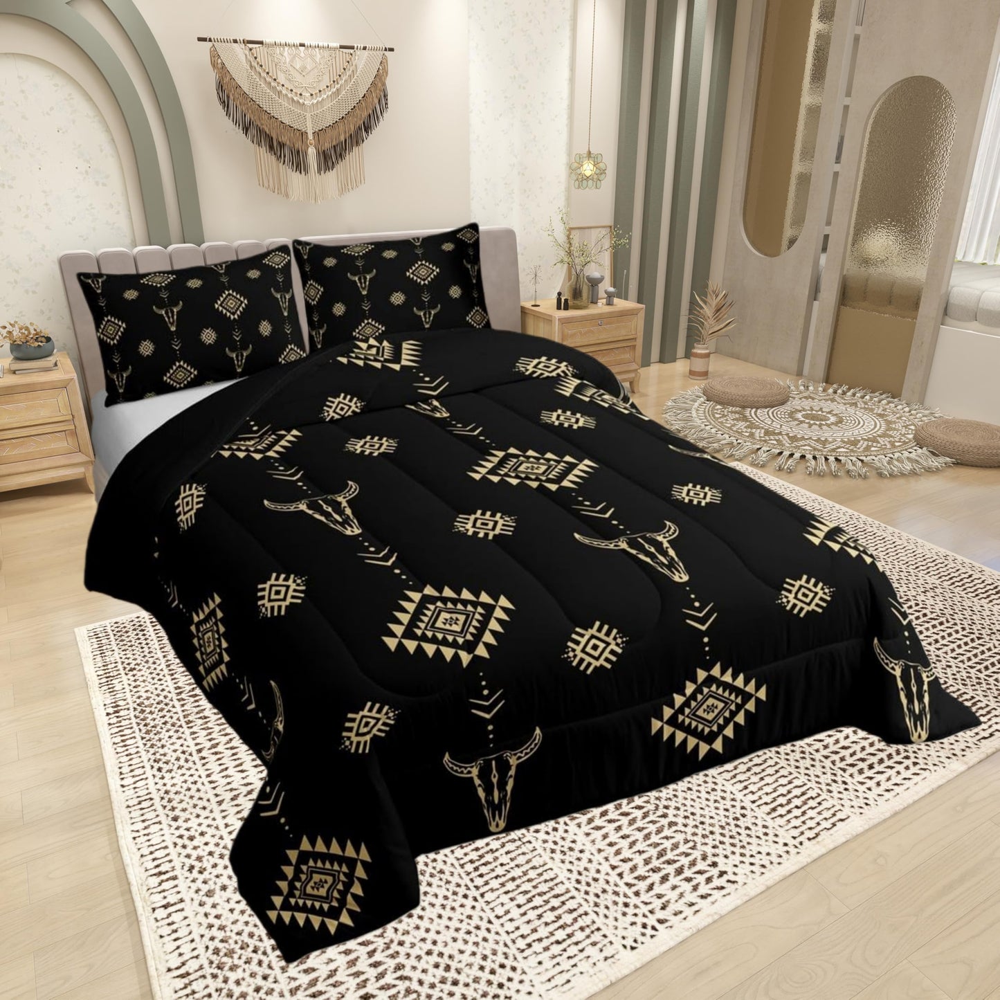 Castle Fairy Cow Skull Bed Comforter Set Queen Size,Aztec Bohemia Tribal Exotic Super Soft Microfiber Bedding Set for Girls Boys,Western Cowboy Black Gold Decorative Quilter Set 3 Pcs