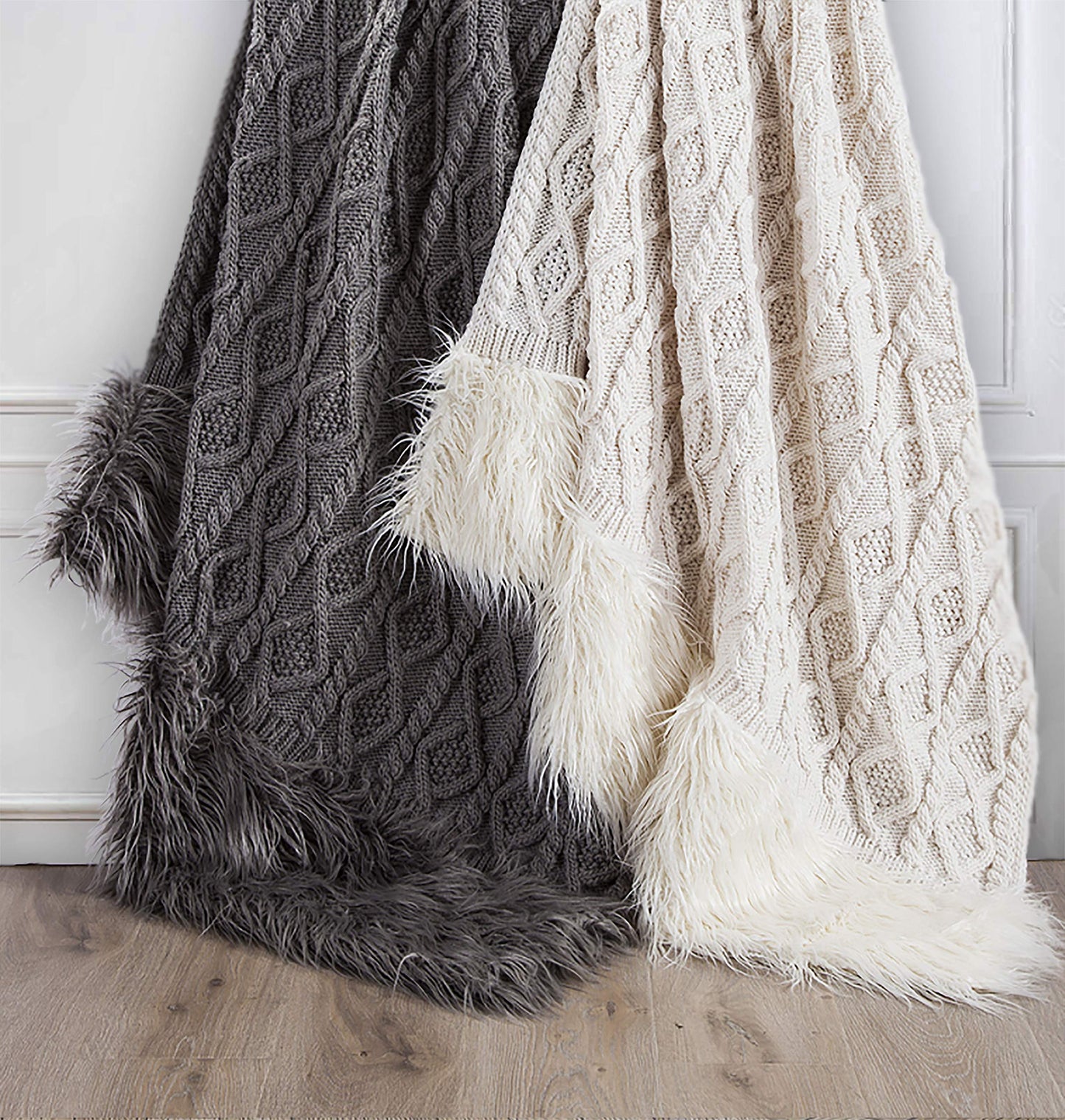 HiEnd Accents Nordic Cable Knit and Faux Mongolian Fur Wool Throw, 50x80 inch, Gray Solid Color, Sweater Style, Diamond Pattern, Soft Cozy Warm Luxury Blanket