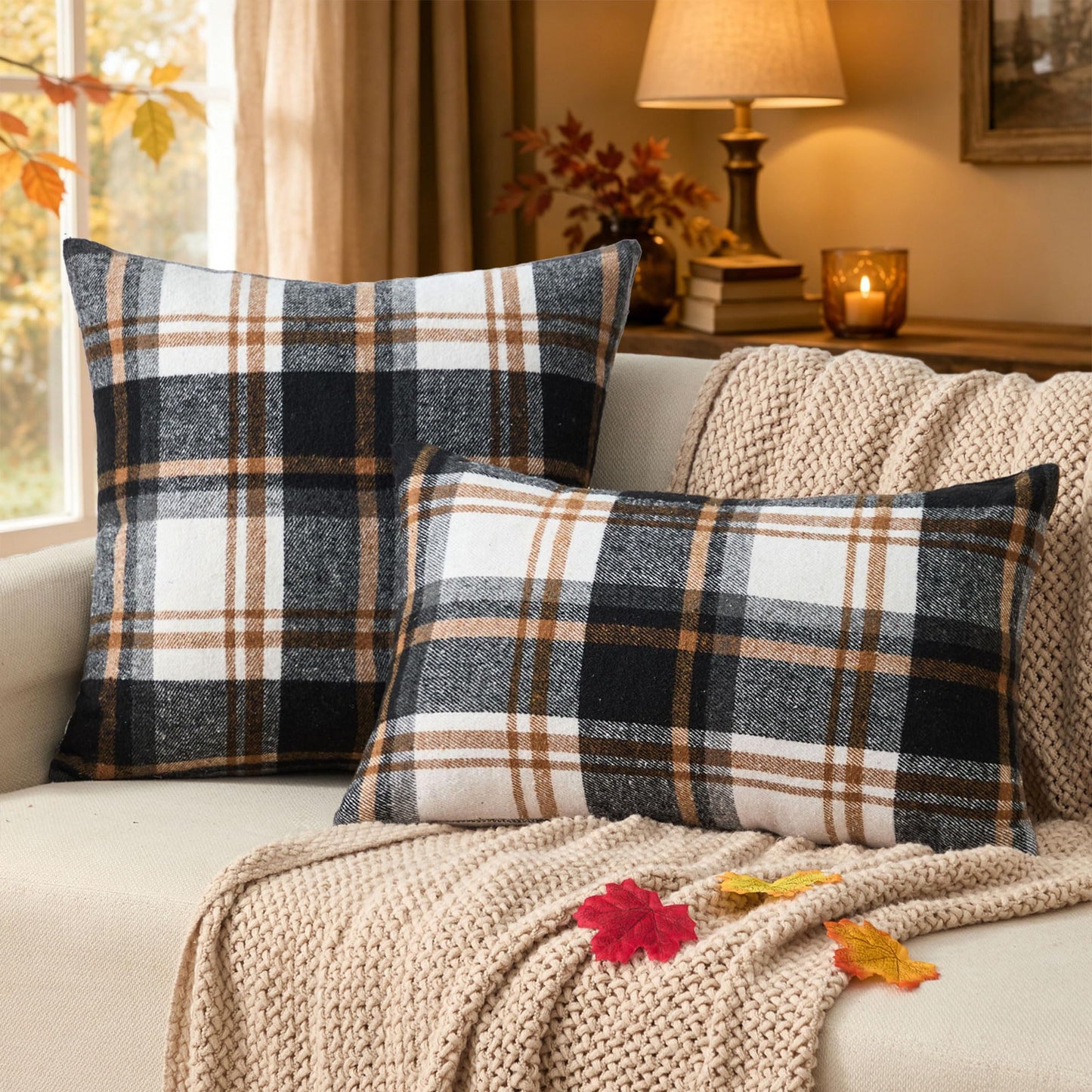 KUYZT Fall Plaid Pillow Covers 18x18 Set of 2 Black Beige Buffalo Plaid Decorative Outdoor Pillowcases Farmhouse Rustic Home Decor for Couch Sofa Bedroom Chair Garden QZ002A18