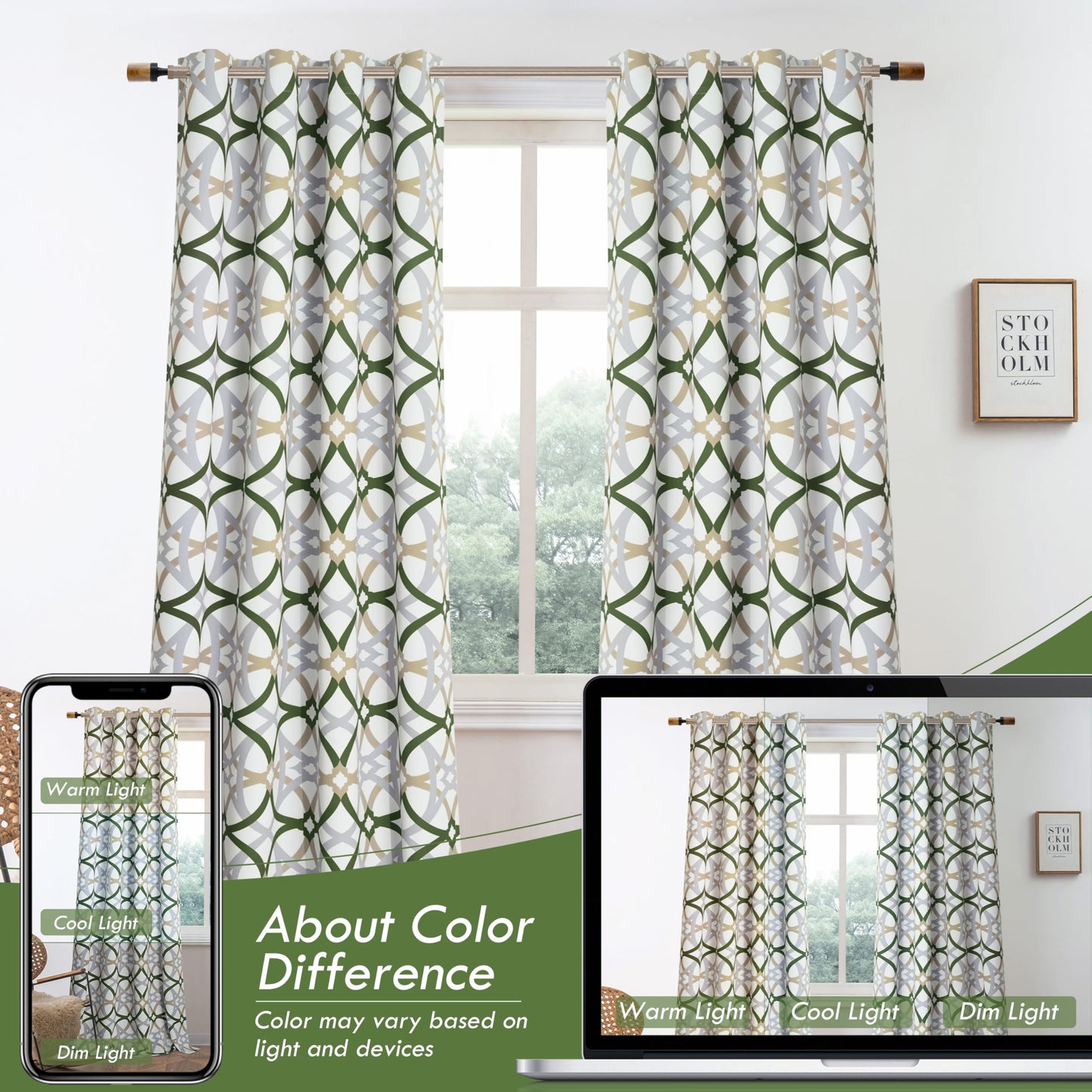 DriftAway Alexander 80% Blackout Curtains for Living Room 250GSM Pattern Match Thermal Insulated Room Darkening Geo Moroccan Mid Century Grommet Bedroom Drapes 2 Panels 52 Inch by 84 Inch Loden Green