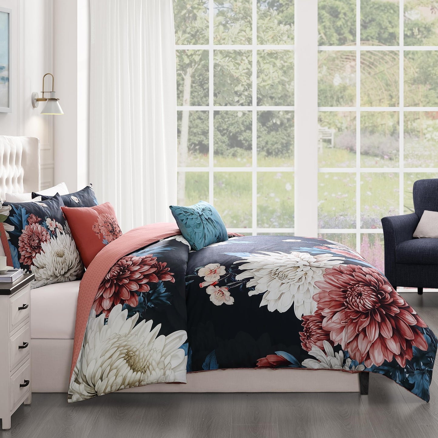 Bebejan Navy Mums 5 Piece Comforter Set, 100% Cotton Sateen, 220 Thread Count, Blue Reversible Bedding Comforter Set, 1 Comforter, 2 Shams & 2 Pillows (King/Cal King)