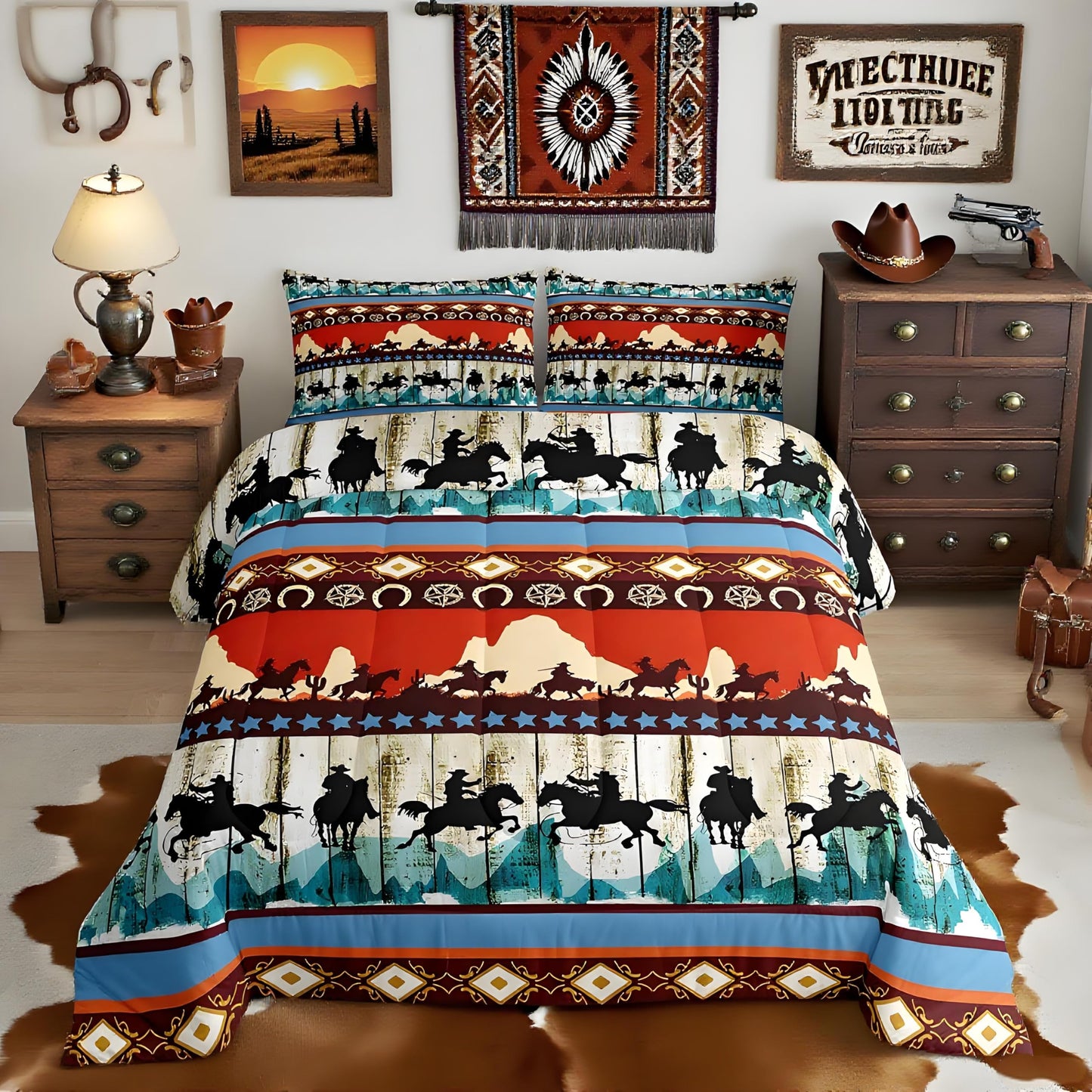 Feelyou Kids Twin Aztec Red Comforter Twin Size, Southwestern Cowboys Comforter Set for Boys Girls Horse Bedding Set Boho Tribal Duvet Set Microfiber Bed Set