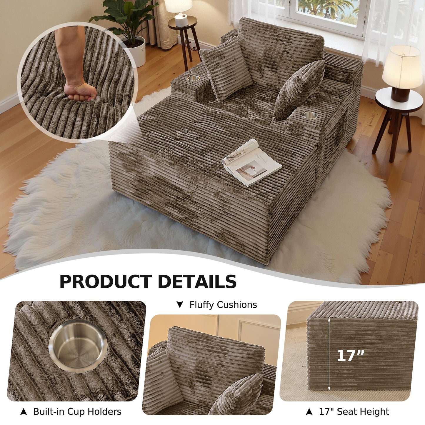CHORRO 66" Chaise Lounge Chair Indoor,Oversized Boneless Single Sleeeper Couch Bed,Corduroy Cloud Sofa with 3 Soft Pillows for Livingroom,Bedroom,No Assembly,(Khaki)