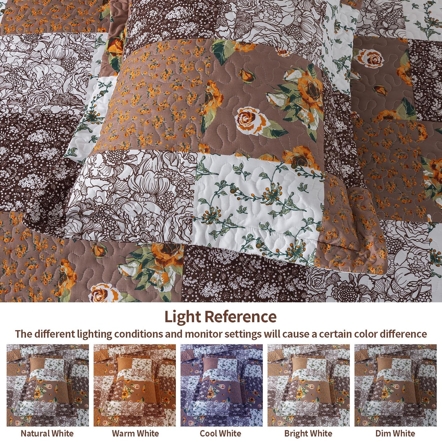 VAPUTAR Quilts Queen Size, Quilt Bedding Set with Floral Pattern, Soft and Breathable Coverlet Set, Lightweight Reversible Bedspread Suitable for All Season (90X98 inch, Brown)