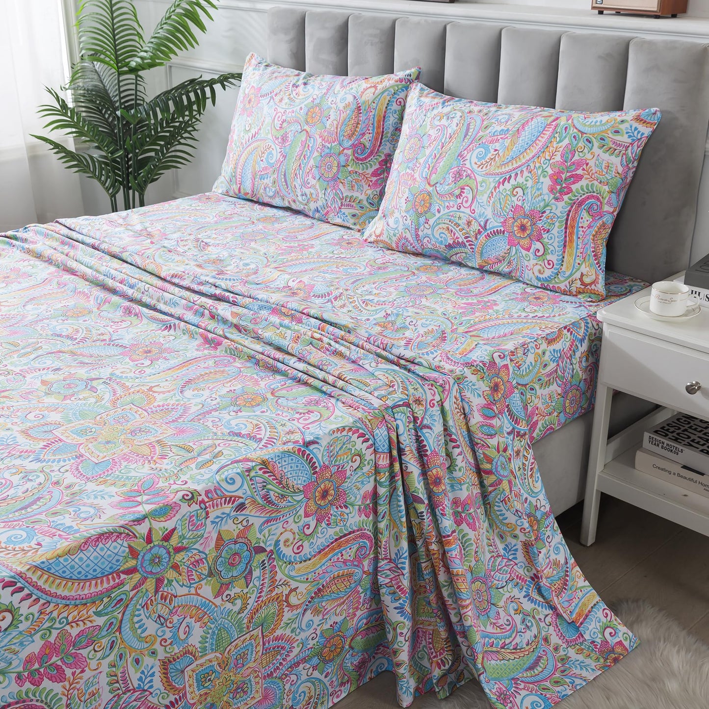 FADFAY Paisley Sheets Set Full Bohemian Damask Paisley Bedding Luxurious Boho Pink Paisley Bed Sheet Set Breathable Cotton Ultra Soft 17.5'' Deep Pocket Fitted Sheet 4Pcs, Full Size