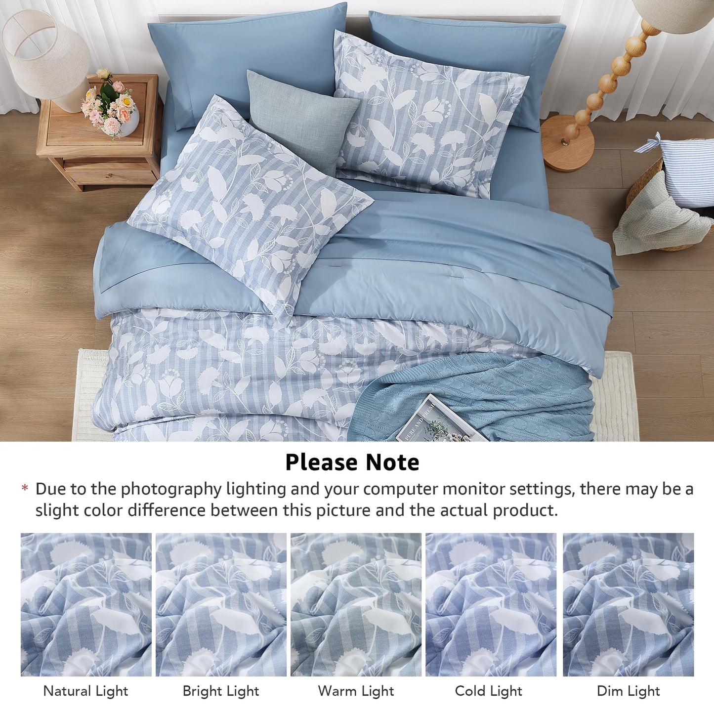 BLOOMHAVEN Queen Comforter Set -7 Pieces Blue Floral Comforter Set for All Seasons, Bed in a Bag Queen with Botanical Flowers Comforter, Sheets, Pillowcases & Shams