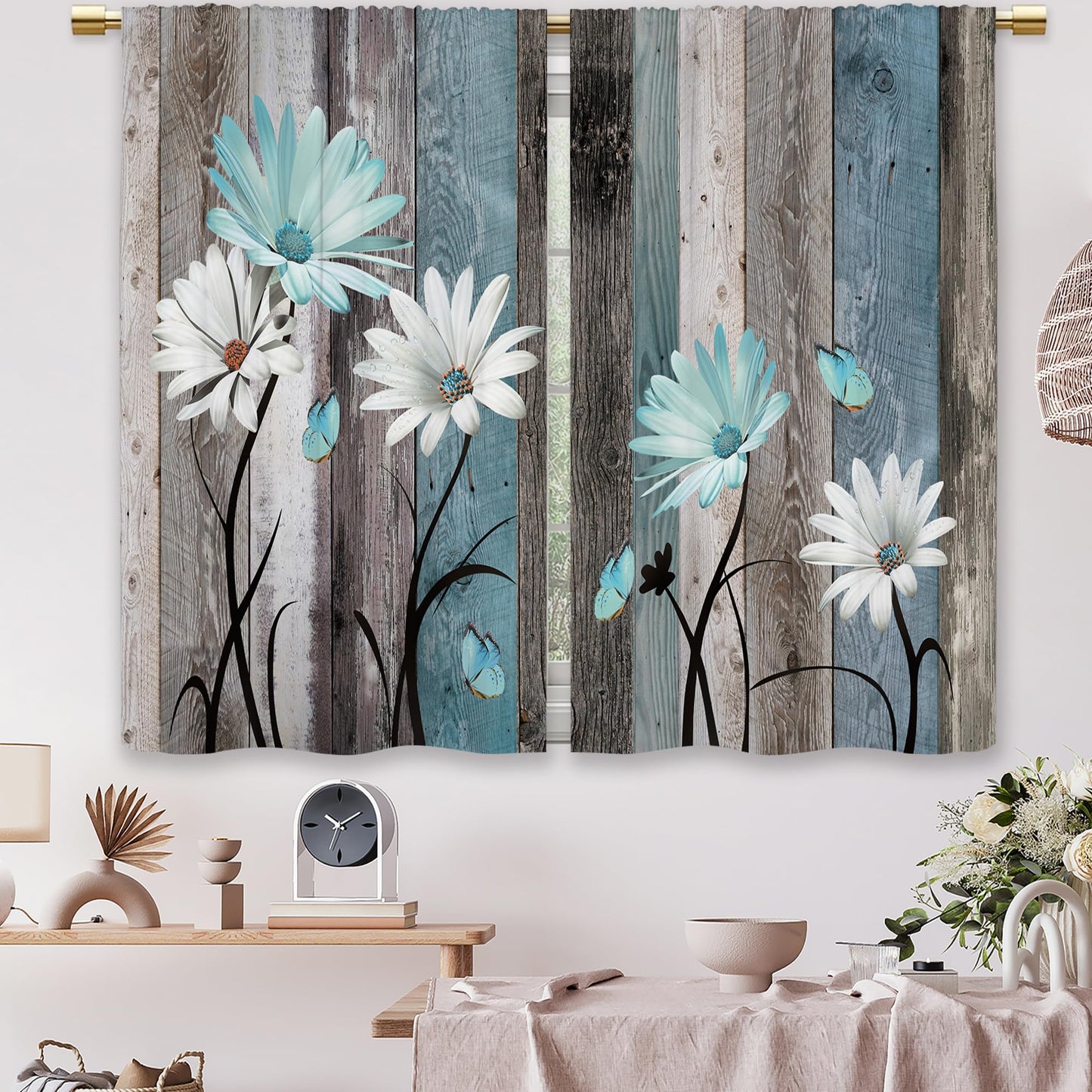 Laifzere Teal Farmhouse Daisy Kitchen Curtains Wooden Flower Small Short Cafe Window Curtains Rustic Floral Butterfly Country Bathroom Drapes Treatment Tier Curtains 2 Panels (27.5x39 Inch)