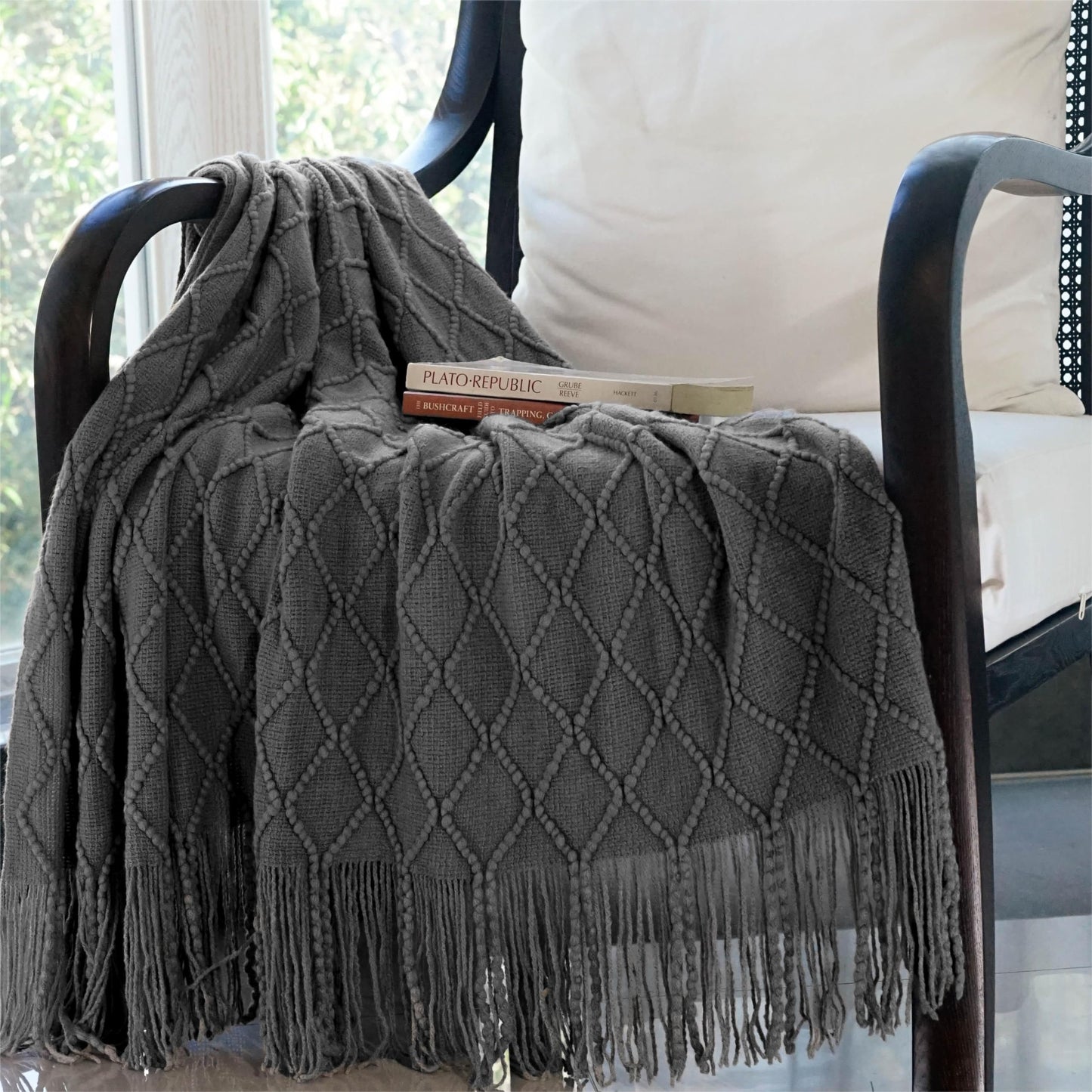 Tititex Decorative Soft Throw Blanket,Dark Grey Boho Textured Blanket with Fringe Tassel, Knitted Cozy Lightweight Blanket for Couch,Bed,Chair,Sofa,Living Room,Home Decor 50x60 Inch