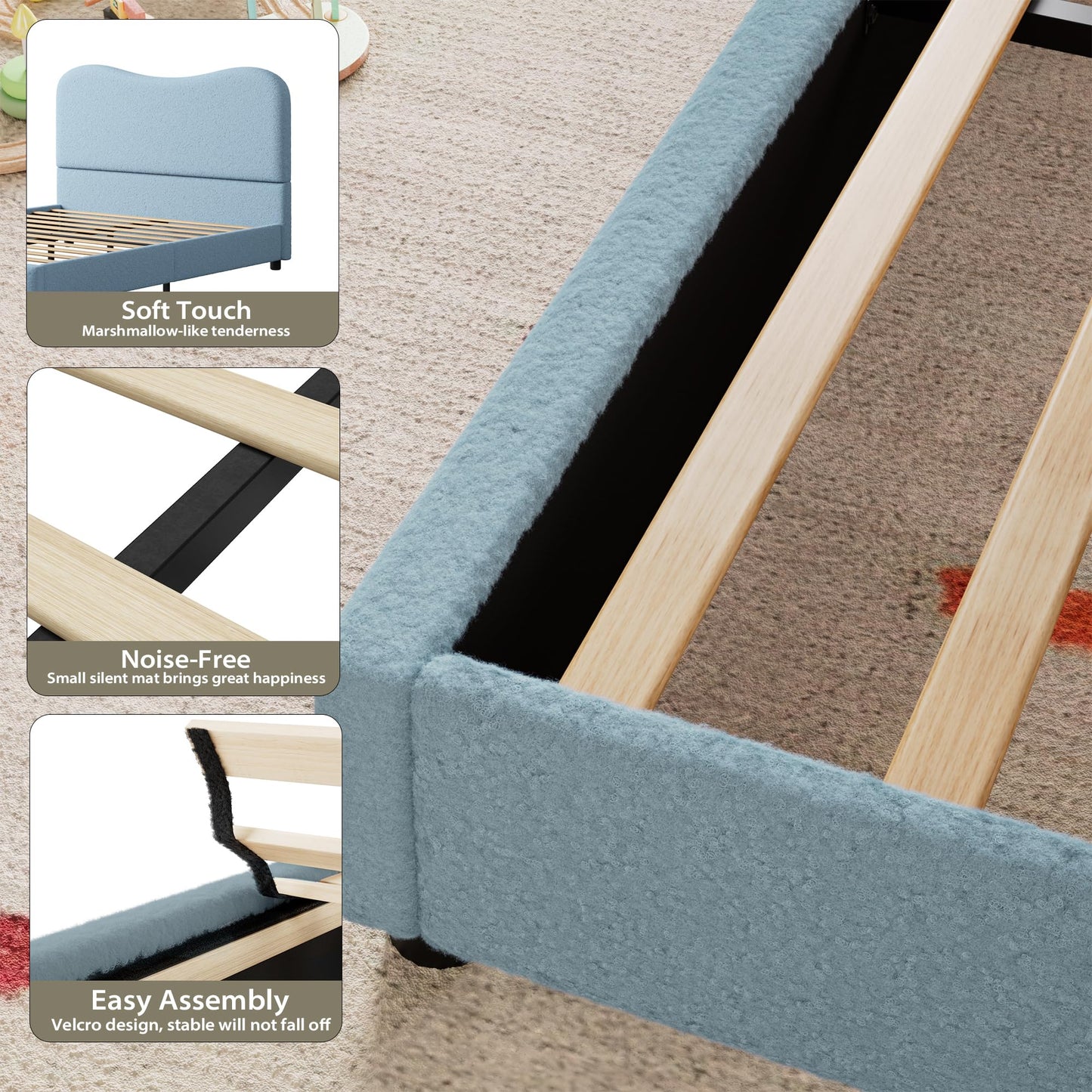 GarveeHome Boucle Full Size Bed Frame with Upholstered Headboard, Soft Low Profile Sturdy Platform Bed with Rounded Corners Design, Heavy Duty, Wooden Slats, Noise Free, No Box Spring Needed, Blue