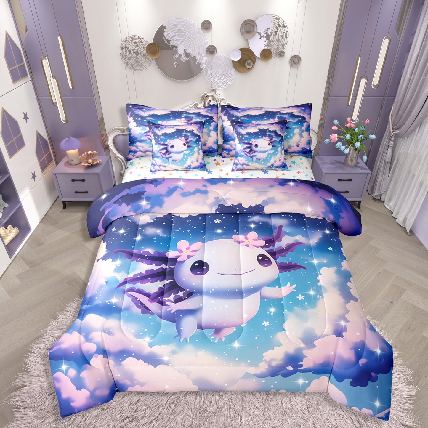 Dreamy Axolotl Queen Comforter Set for Girls Kids Cute Axolotl Bed in a Bag with Flat and Fitted Sheet Teen Preppy Fantasy Galaxy Sky 7-Piece Bedding Set Kawaii Purple Salamander Quilt Duvet Sets