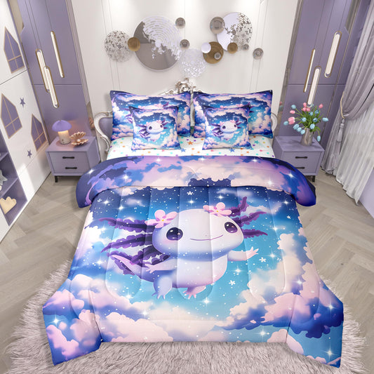 Dreamy Axolotl Queen Comforter Set for Girls Kids Cute Axolotl Bed in a Bag with Flat and Fitted Sheet Teen Preppy Fantasy Galaxy Sky 7-Piece Bedding Set Kawaii Purple Salamander Quilt Duvet Sets