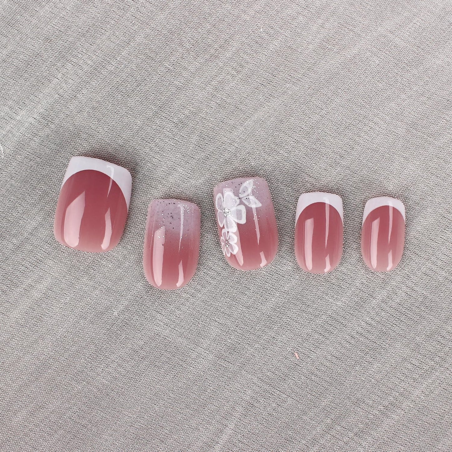 Mivota Short Square Press On Nails White Nude Gradient False Nails with White Silver Flowers Acrylic Press in Nails Gel Stick On Nails Set Glue on Nail for Women & Girls 24Pcs