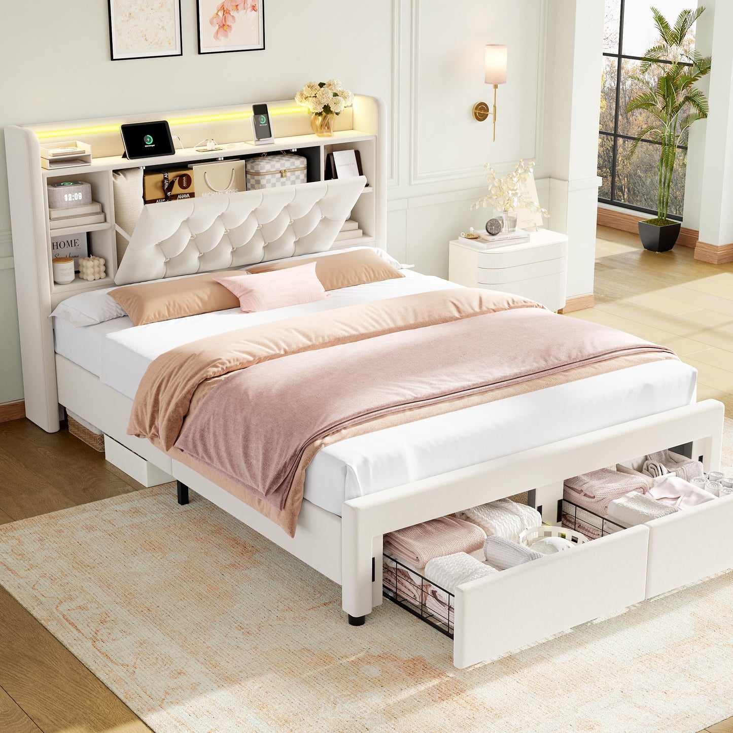 Full Bed Frame with Drawers, Hidden-Cubby & Shelves Storage Headboard with Charging Station and LED Lights, Velvet Upholstered Platform Bed Solid Wooden Slats Support No Box Spring Needed, Beige