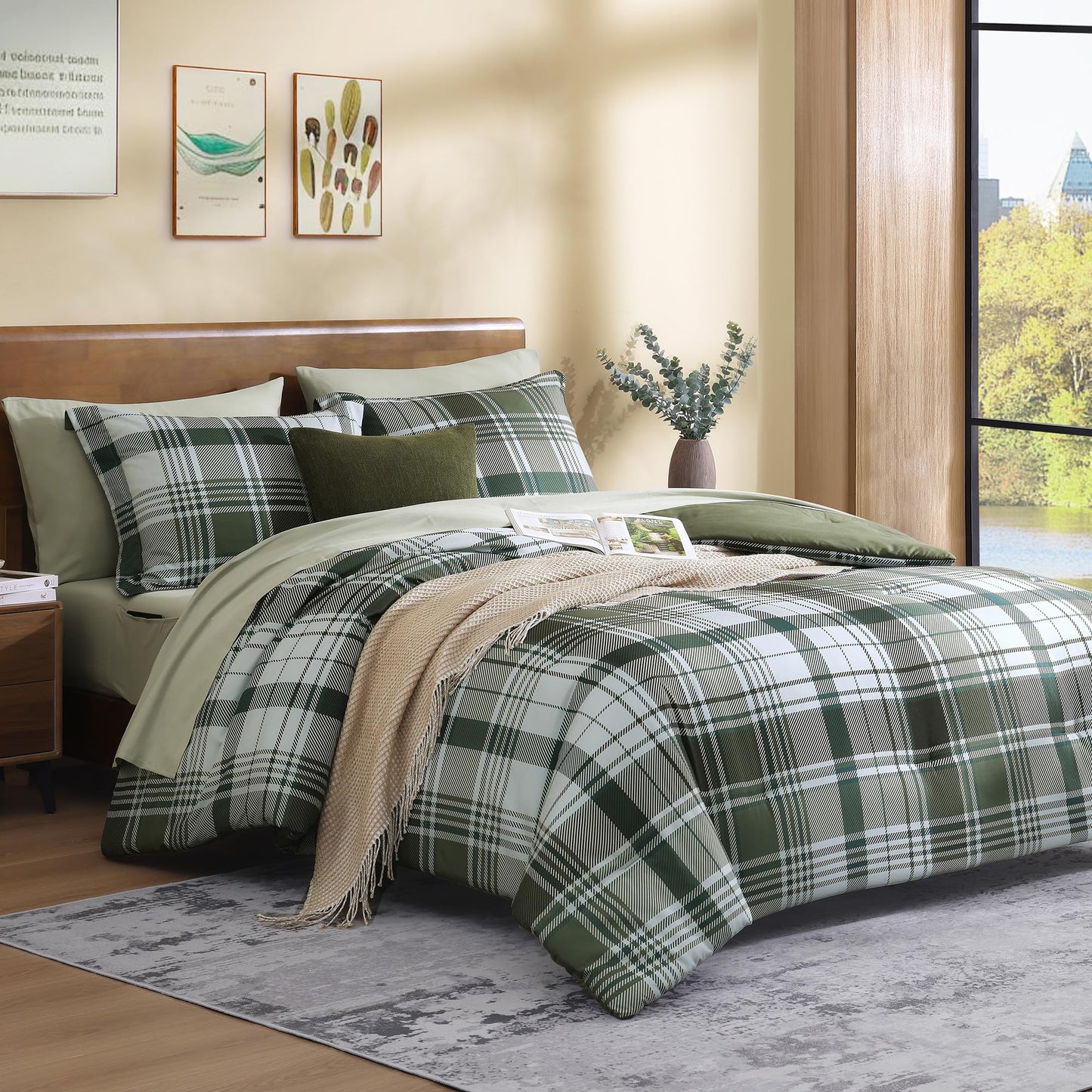 MaiRêve Plaid Queen Comforter Sets Olive Green, Classic Farmhouse Bedding Set Bed in a Bag 7 Pieces, Lightweight All Season Comforter Set with Fitted & Flat Sheet, Pillowcases & Shams