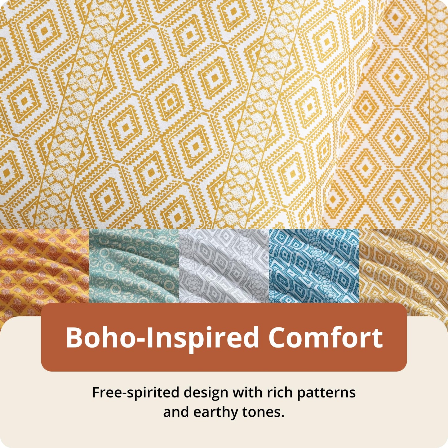 Indigo Ink Queen Size 4-Piece Sheet Set - Fitted & Flat Sheets & Pillowcases, Medium Weight, Soft & Breathable, Durable & Wrinkle Resistant, Deep Pocket Sheets, Tribal Jade Collection, Yellow