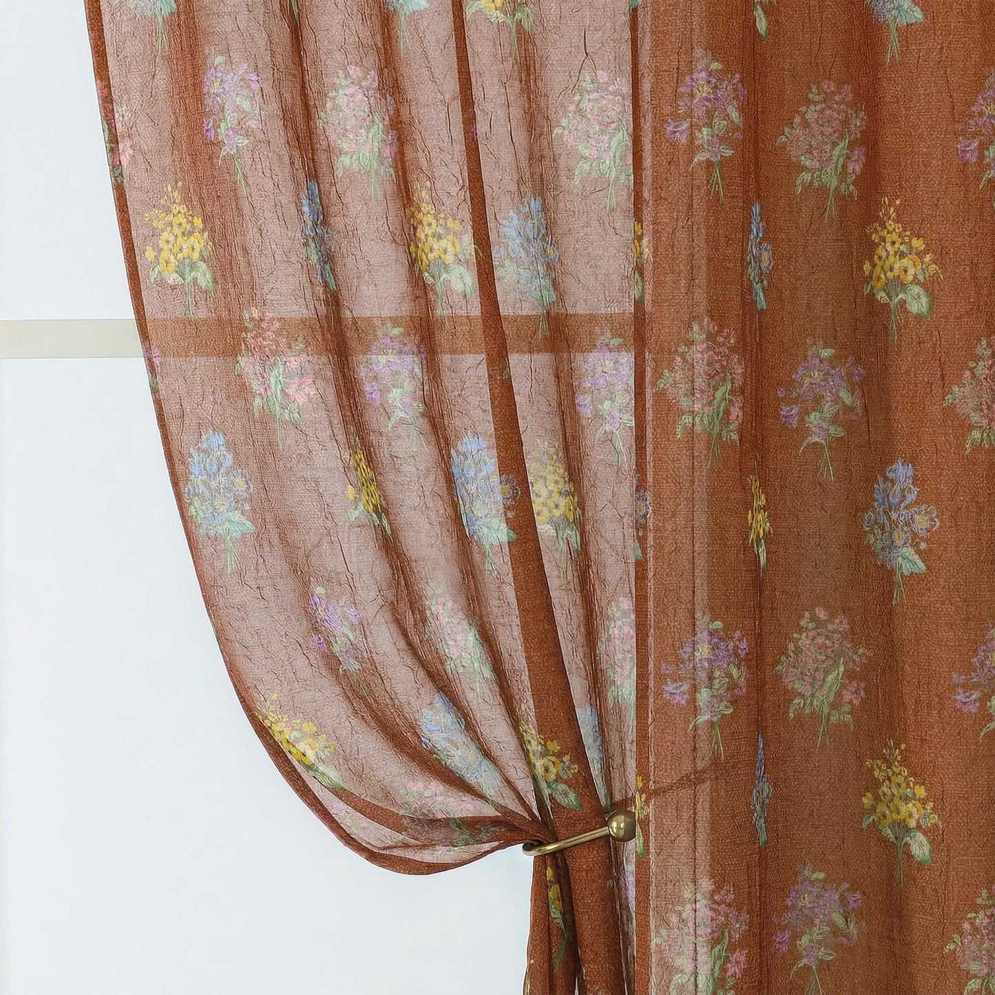 Ebesto Crushed Floral Sheer Curtains 63 Inch Length - Light Filtering Printed Sheer Flower Patterned Curtains for Bedroom, Spring Romantic Rod Pocket Window Drapes, 2 Panels, 42Wx63L, Terracotta
