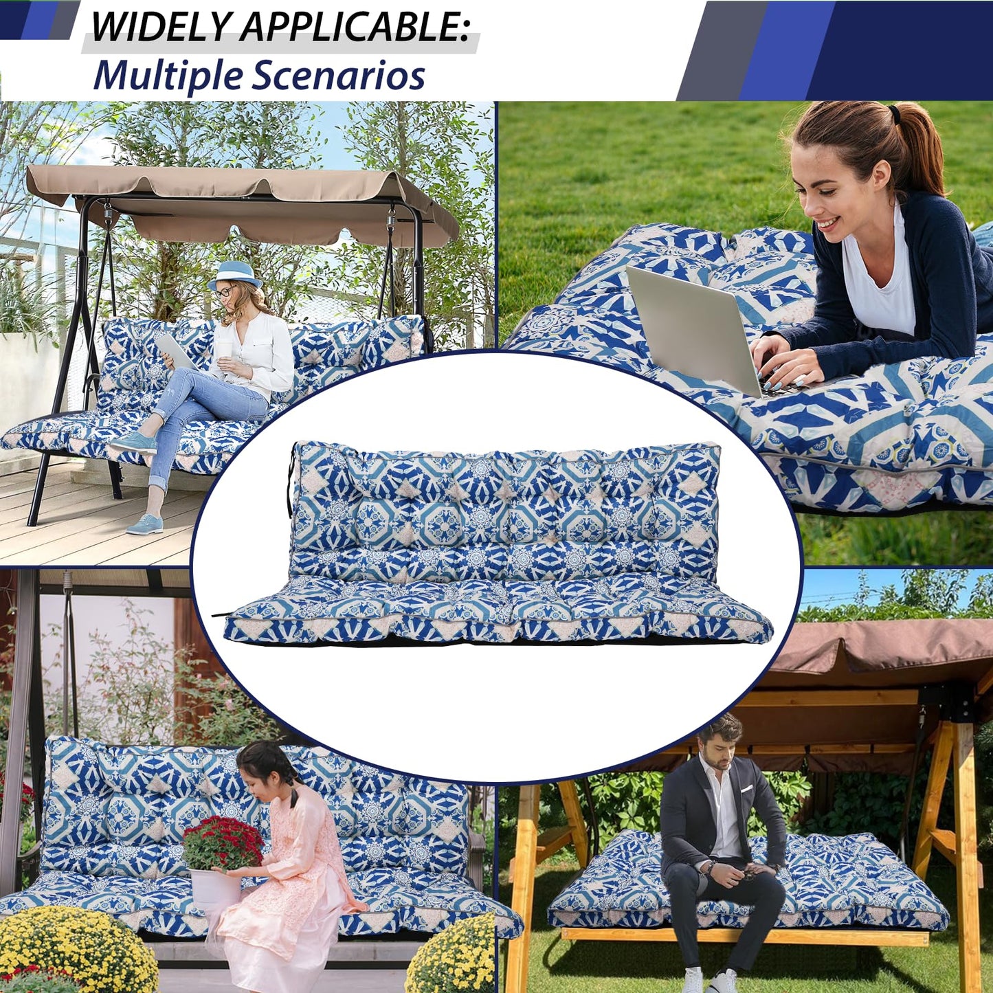 YQNUCO Outdoor Swing Cushions, Waterproof Porch Swing Cushions 3 Seater Replacement with Backrest, 4" Thicken Bench Cushion with Ties for Backyard, Patio, Lawn and Garden (‌Blue Geometric‌, 63 inch)