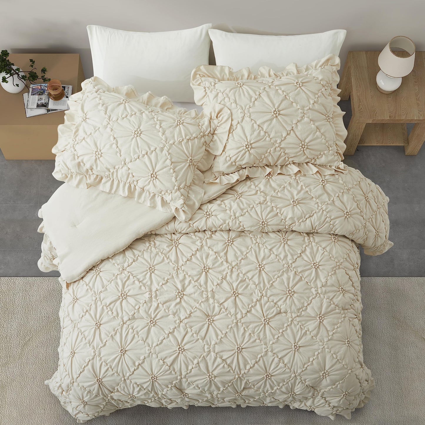 BEDAZZLED King Size Comforter Sets, Beige Bedding Comforter Set, 3 Pieces Pinch Pleat Bedding Sets with Comforter and Pillowcases Soft Farmhouse Shabby Chic Comforter for All Season