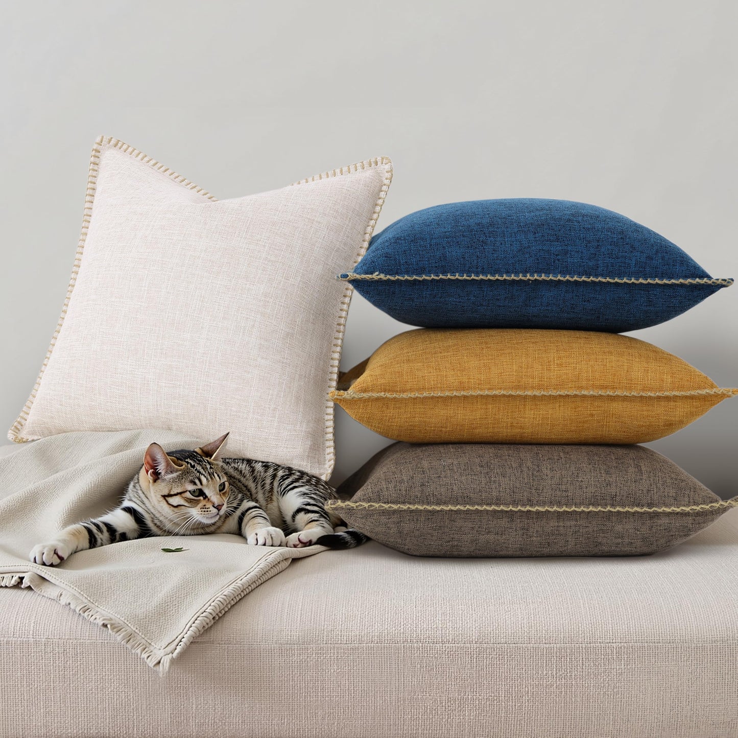 decorUhome Summer Decorative Throw Pillow Covers 22x22 Set of 2 Square Faux Linen Outdoor Neutral Farmhouse Euro Sham Pillow Covers with Stitched Edge for Couch Sofa Living Room, Bronze Gold